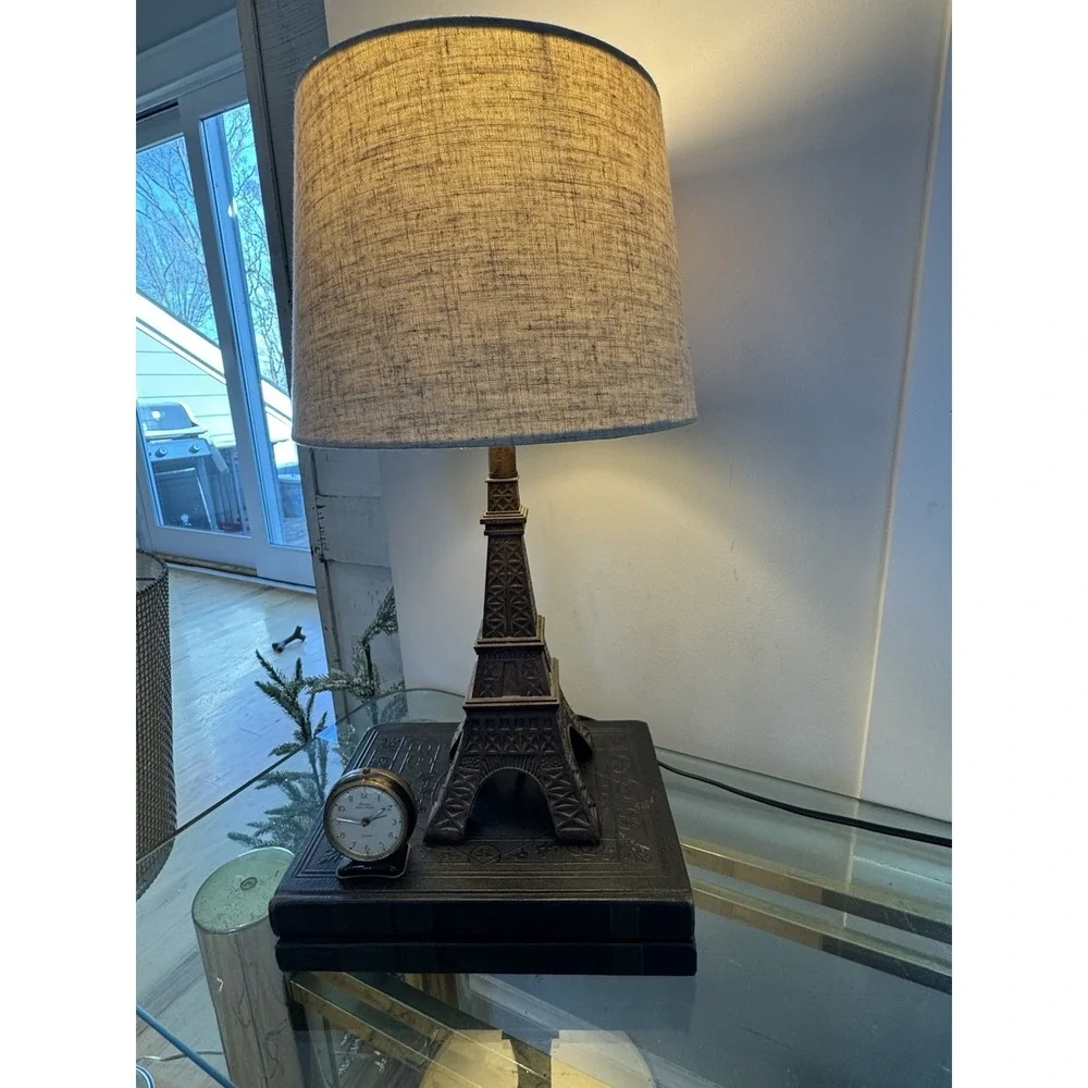 Eiffel Tower Lamp Base Metal 14.5in With‎ Linen Cream/tan Shade GW993